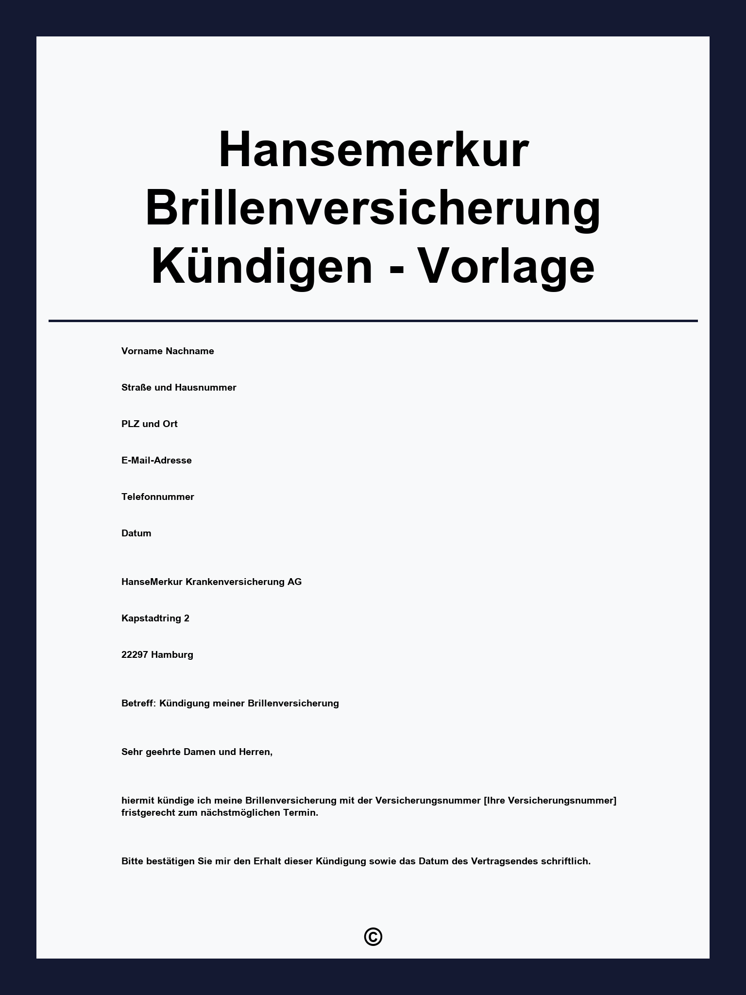 Hansemerkur Brillenversicherung Kündigen - Vorlage